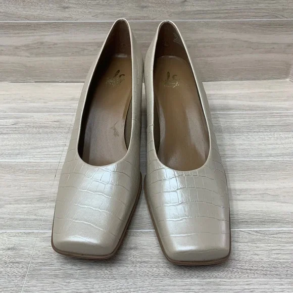 LifeStride Cream Croco Leather Square Toe Block Heel Pumps Mens 9M 90s Y2K - Picture 2 of 9